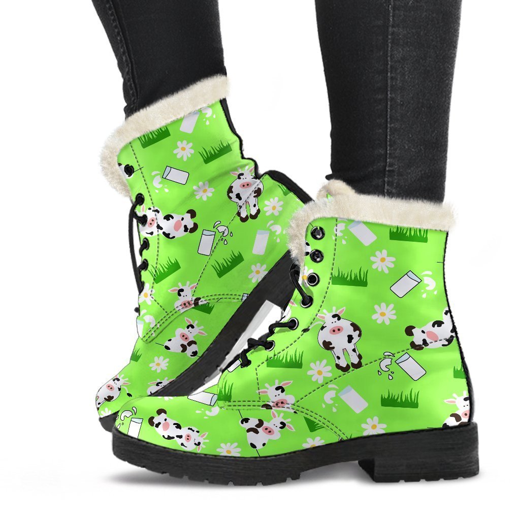 Groovy Vibes: Cartoon Daisy and Cow Pattern Faux Fur Leather Boots for the Free-Spirited Hippie - 1