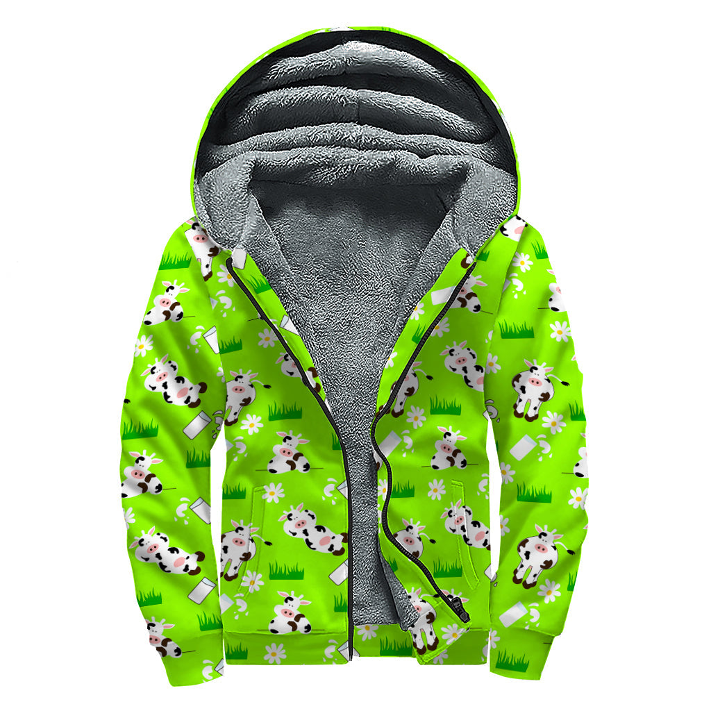 Dreamy Daisy and Cow Pattern Print Sherpa Lined Hippie Zip Up Hoodie - 1