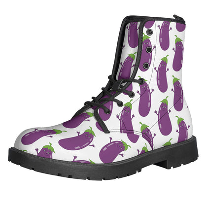 Groovy Eggplant Print Leather Lightweight Boots for the Hippie at Heart - 1