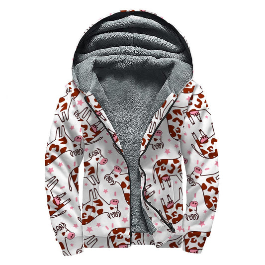 Boho Chic: Cartoon Happy Dairy Cow Sherpa Lined Hoodie for Trendy Hippies - 1