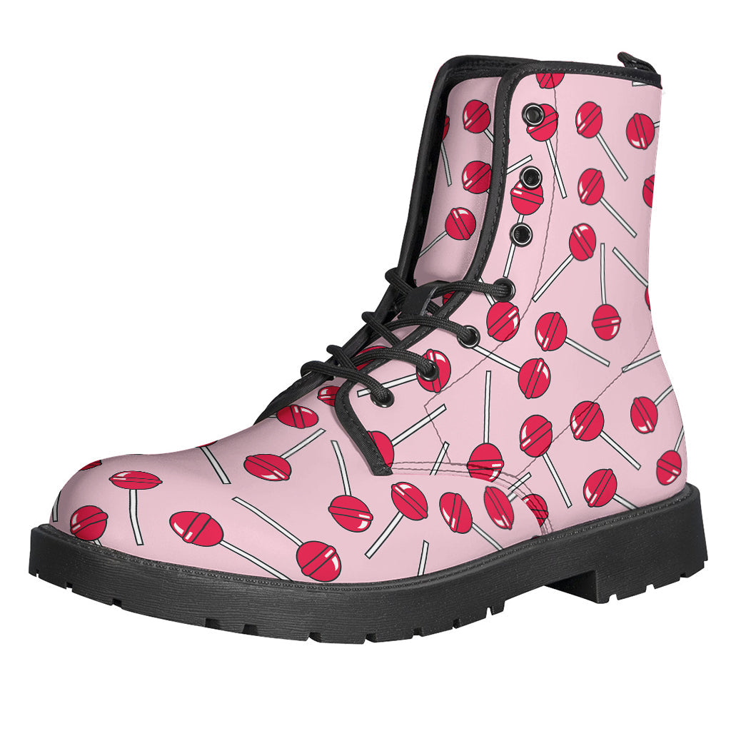 Boho Chic Leather Lace-Up Boots with Cartoon Lollipop Print - 1