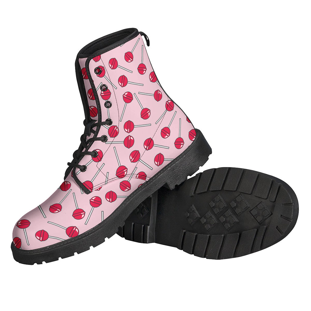 Boho Chic Leather Lace-Up Boots with Cartoon Lollipop Print - 2