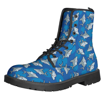 Boho Chic: Cartoon Shark Pattern Leather Boots for Hippies - 1