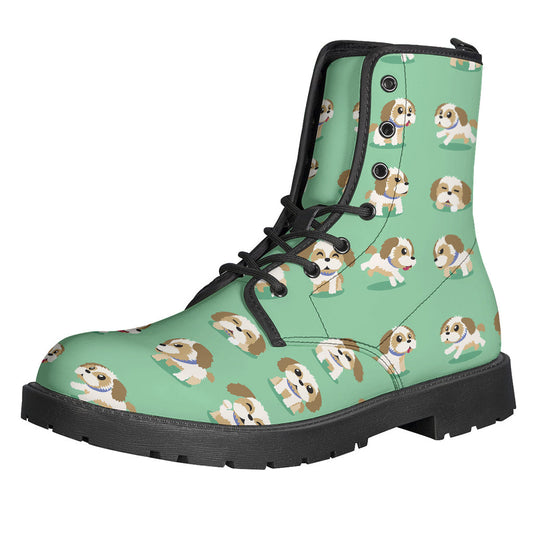 Hippie Chic: Cartoon Shih Tzu Pattern Leather Boots - 1