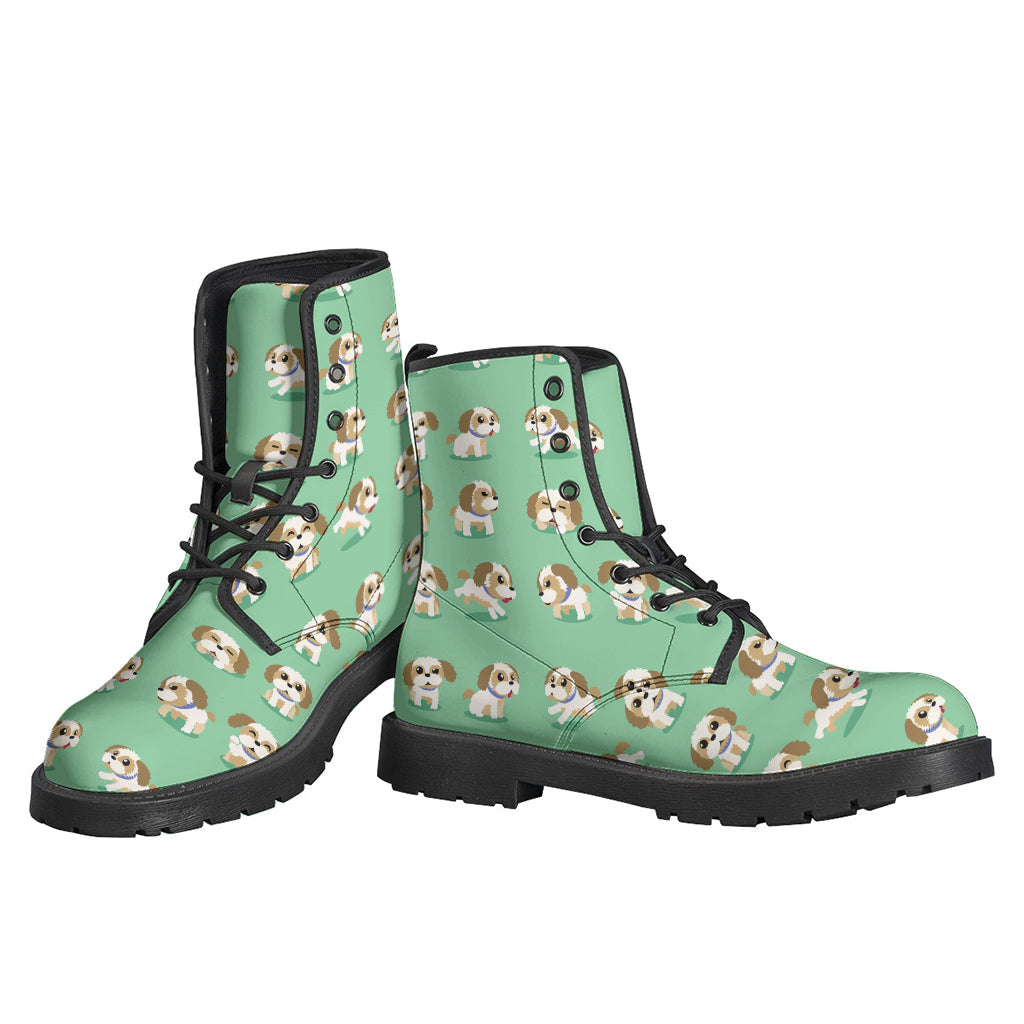 Hippie Chic: Cartoon Shih Tzu Pattern Leather Boots - 3