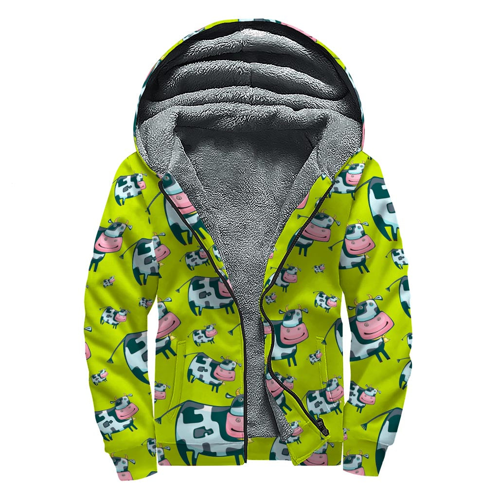 Peace, Love, and Warmth: Cartoon Smiley Cow Sherpa Lined Hoodie - 1