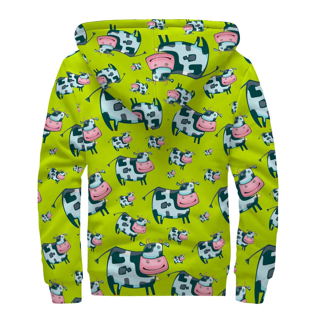 Peace, Love, and Warmth: Cartoon Smiley Cow Sherpa Lined Hoodie - 2