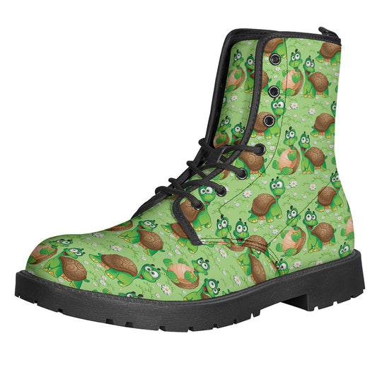 Groovy Vibes: Cartoon Turtle Pattern Leather Lightweight Boots for Hippies - 1