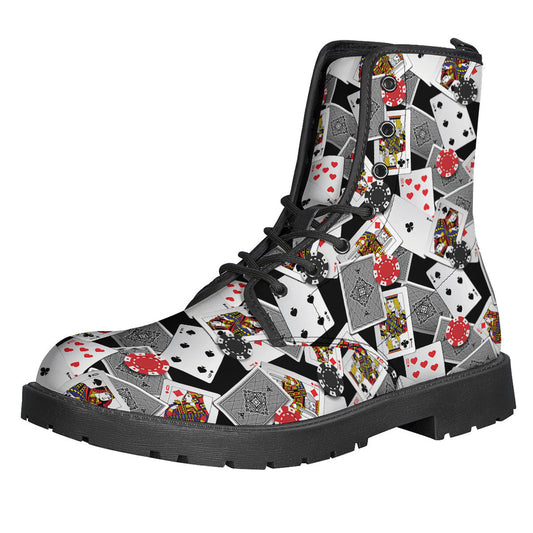 Groovy Vibes: Casino Card and Chip Pattern Leather Lightweight Boots for Hippies - 1