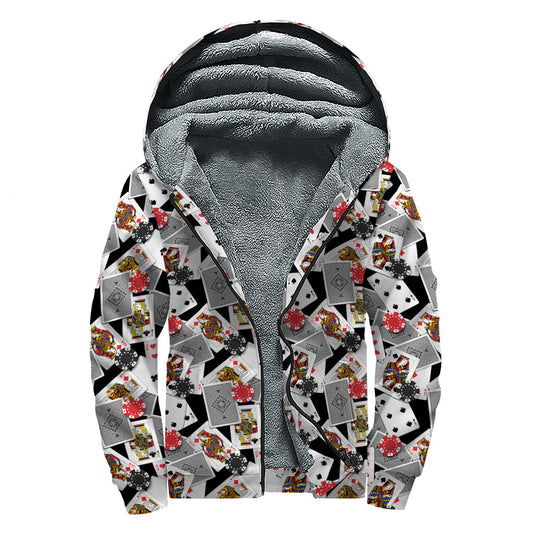 Groovy Casino Card and Chip Pattern Print Sherpa Lined Zip Up Hoodie for Free-Spirited Hippies - 1