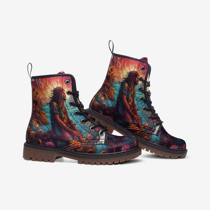 Emerald Blossoms - Man Kneeling Down on Leather Lightweight Boots for Hippies