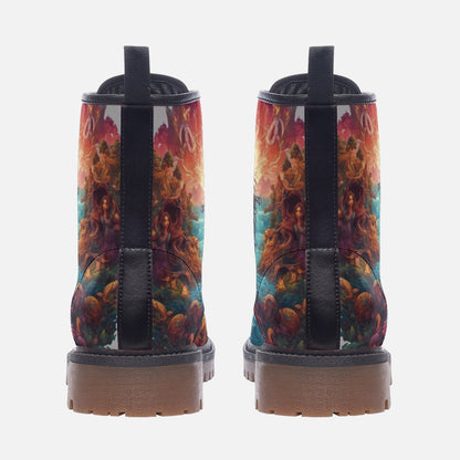 Emerald Blossoms - Man Kneeling Down on Leather Lightweight Boots for Hippies