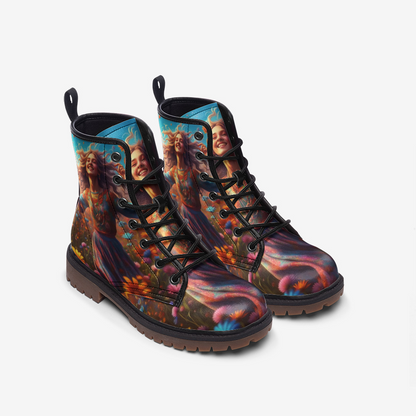 Emerald Blossoms - Happy Boho Girl on Leather Lightweight Boots for Hippies