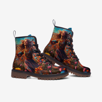 Emerald Blossoms - Happy Boho Girl on Leather Lightweight Boots for Hippies