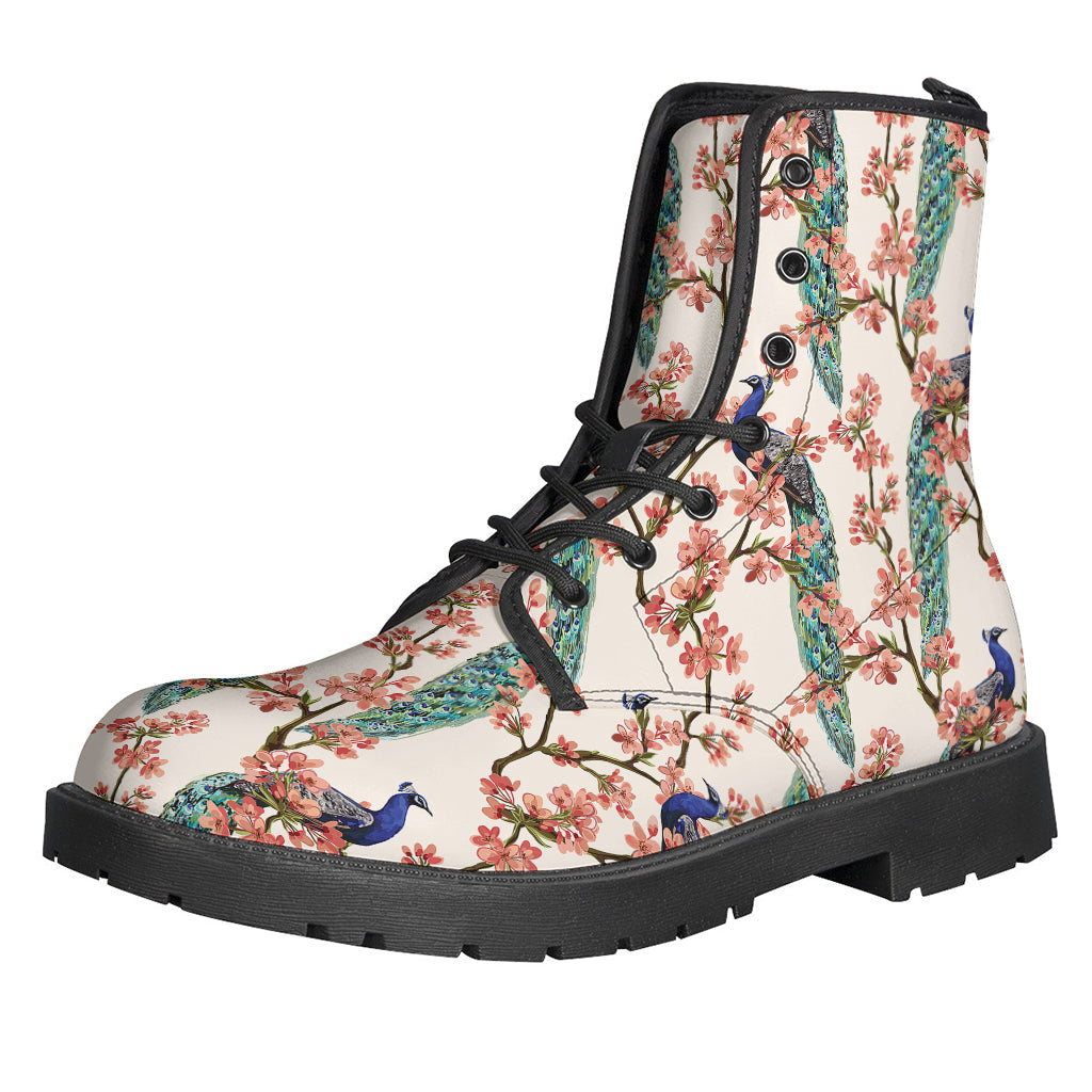 Cherry Blossom Peacock Print Leather Boho Boots - 1