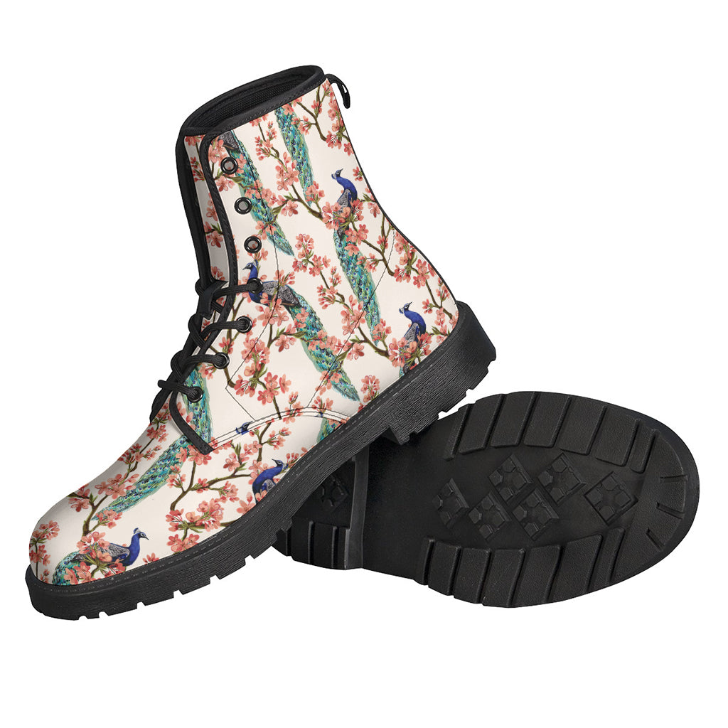 Cherry Blossom Peacock Print Leather Boho Boots - 2