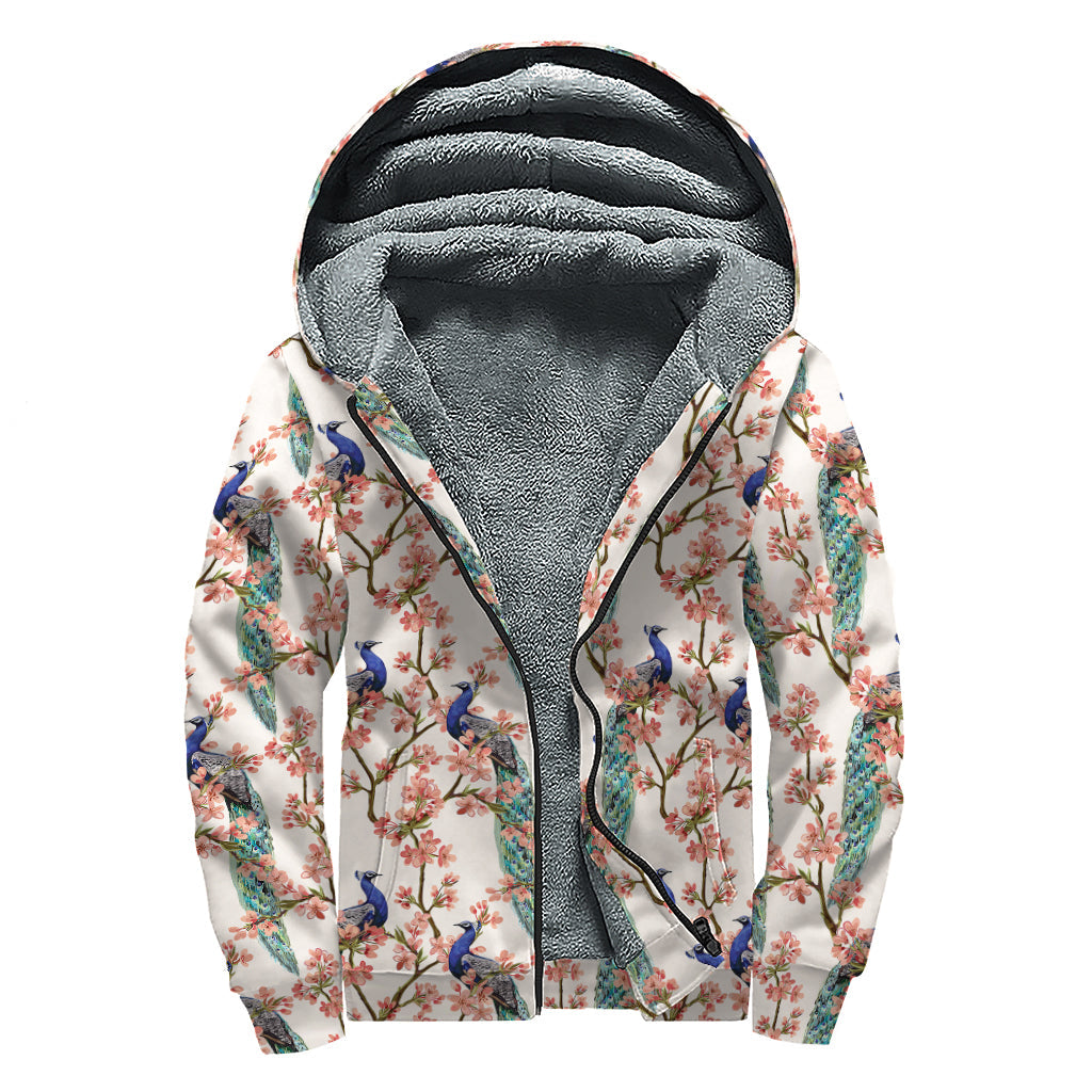 Groovy Vibes Sherpa Lined Zip Up Hoodie - Cherry Blossom Peacock Print - 1