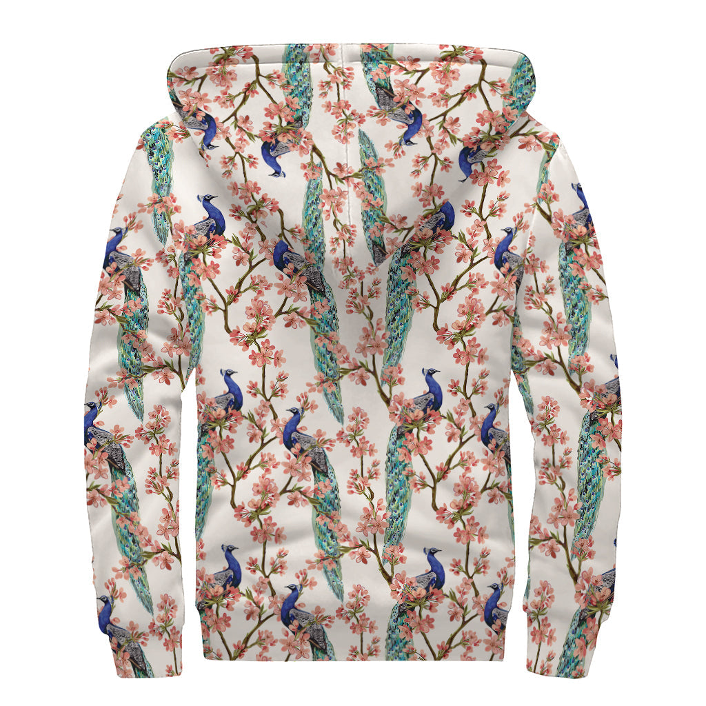 Groovy Vibes Sherpa Lined Zip Up Hoodie - Cherry Blossom Peacock Print - 2