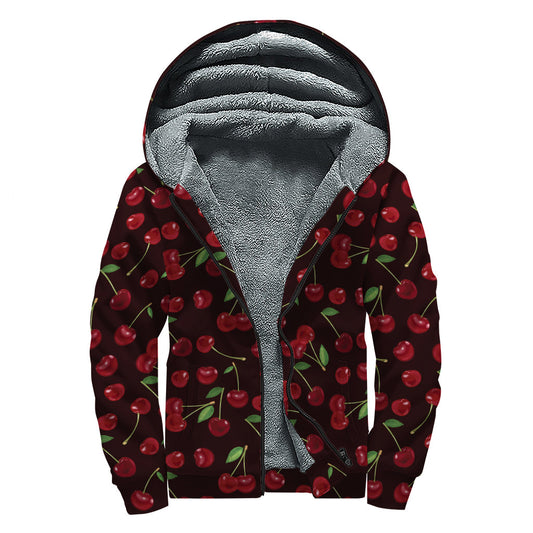 Funky Cherry Patterned Sherpa Lined Zip Up Hoodie for Groovy Hippies - 1