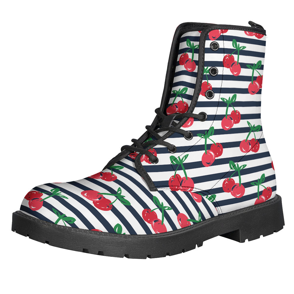 Cherry Striped Pattern Print Leather Boots for Free-Spirited Hippies - 1