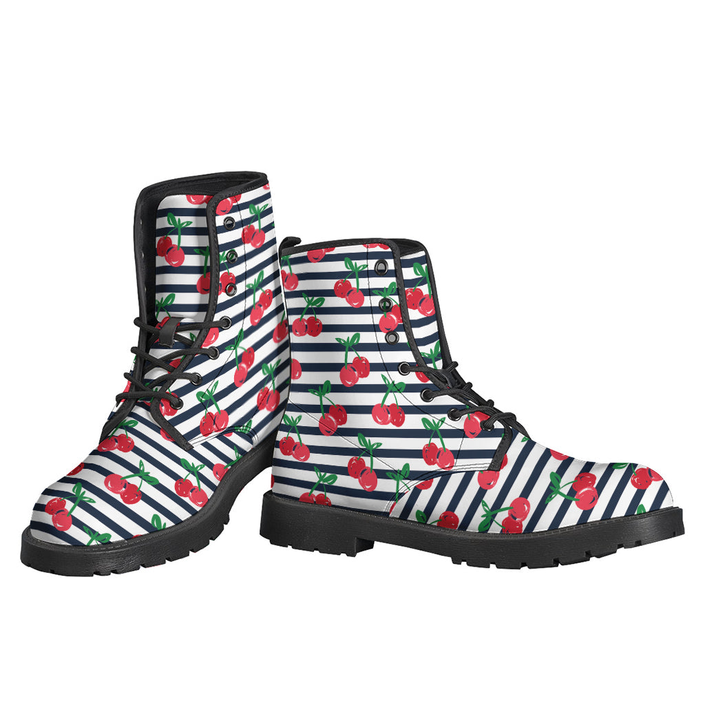 Cherry Striped Pattern Print Leather Boots for Free-Spirited Hippies - 3