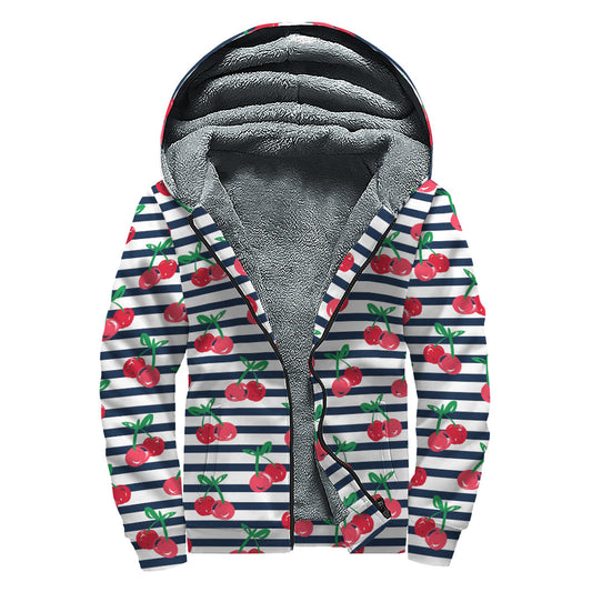 Cherry Striped Sherpa Lined Zip Up Hoodie for Boho Babes - 1