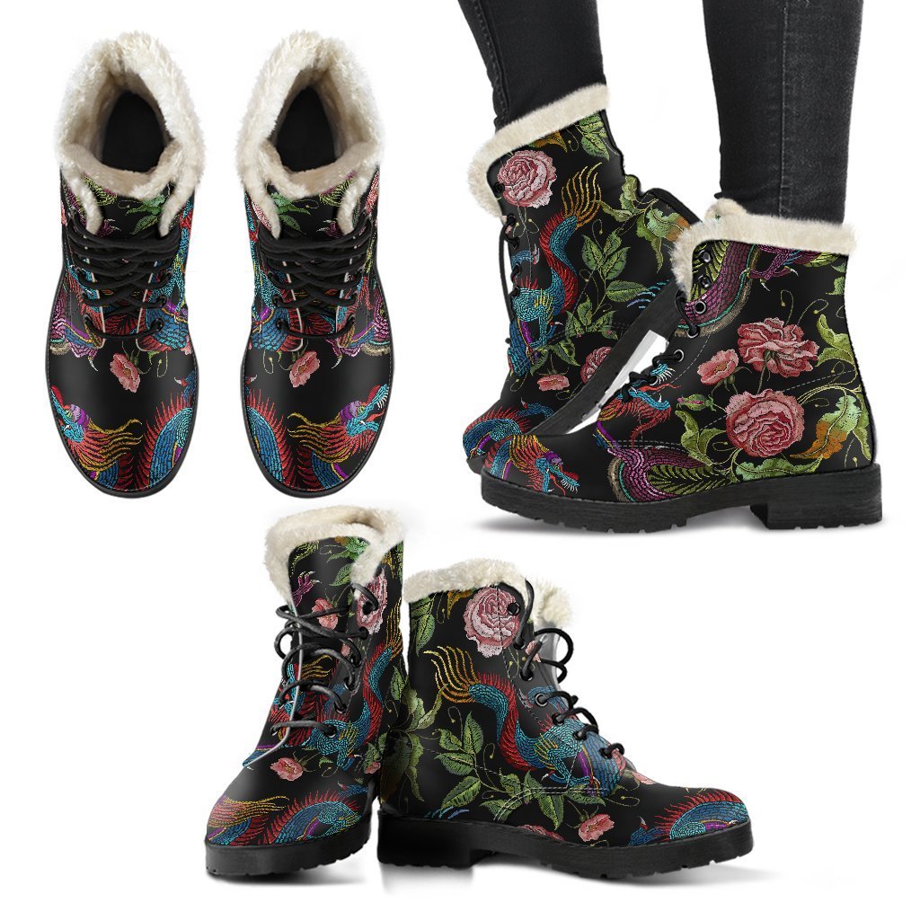 Boho-Chic Dragon Flower Faux Fur Leather Boots for the Free-Spirited Hippie - 2