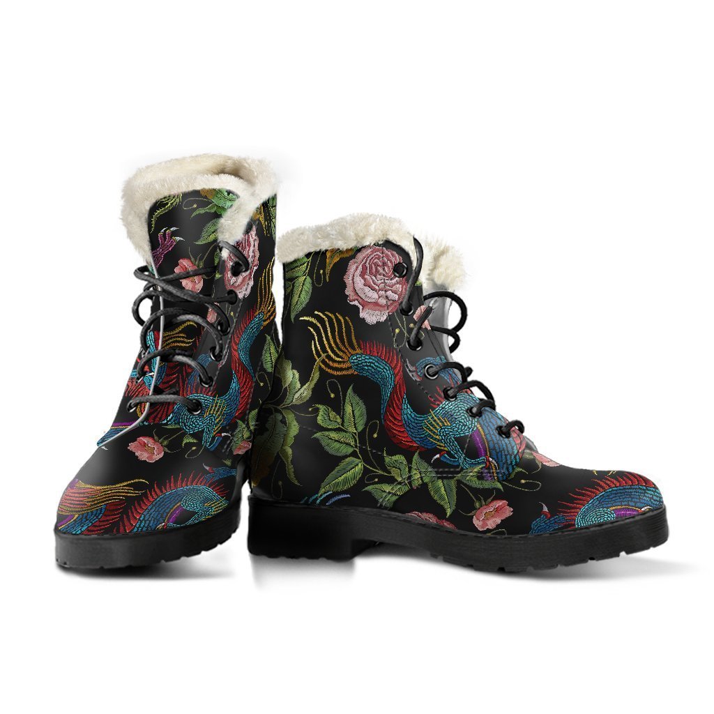 Boho-Chic Dragon Flower Faux Fur Leather Boots for the Free-Spirited Hippie - 3