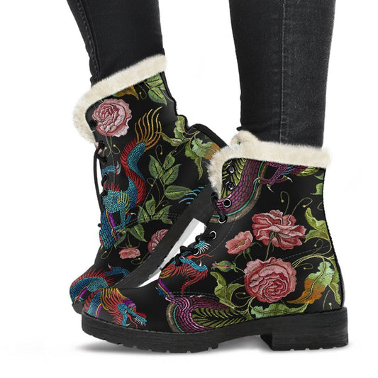 Boho-Chic Dragon Flower Faux Fur Leather Boots for the Free-Spirited Hippie - 1