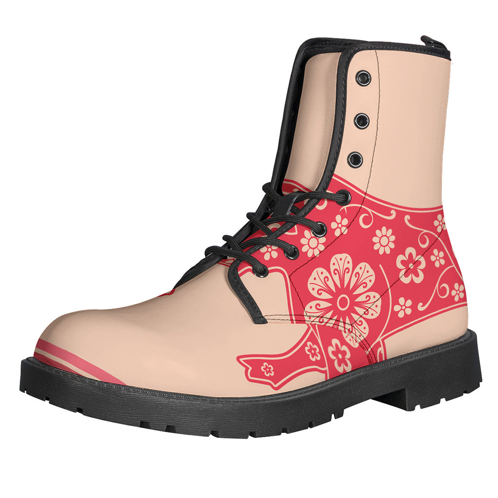 Chinese Flower Ox Zodiac Print Leather Hippie Boots - 1