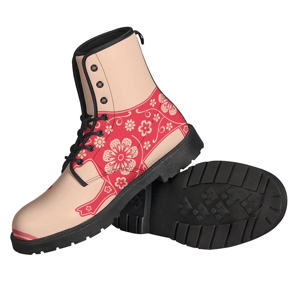 Chinese Flower Ox Zodiac Print Leather Hippie Boots - 2