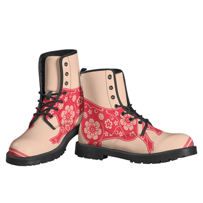 Chinese Flower Ox Zodiac Print Leather Hippie Boots - 3