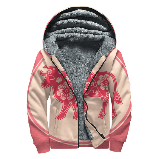 Chinese Flower Ox Zodiac Print Sherpa Lined Zip Up Hoodie: Embracing the Free-Spirited Hippie Style - 1