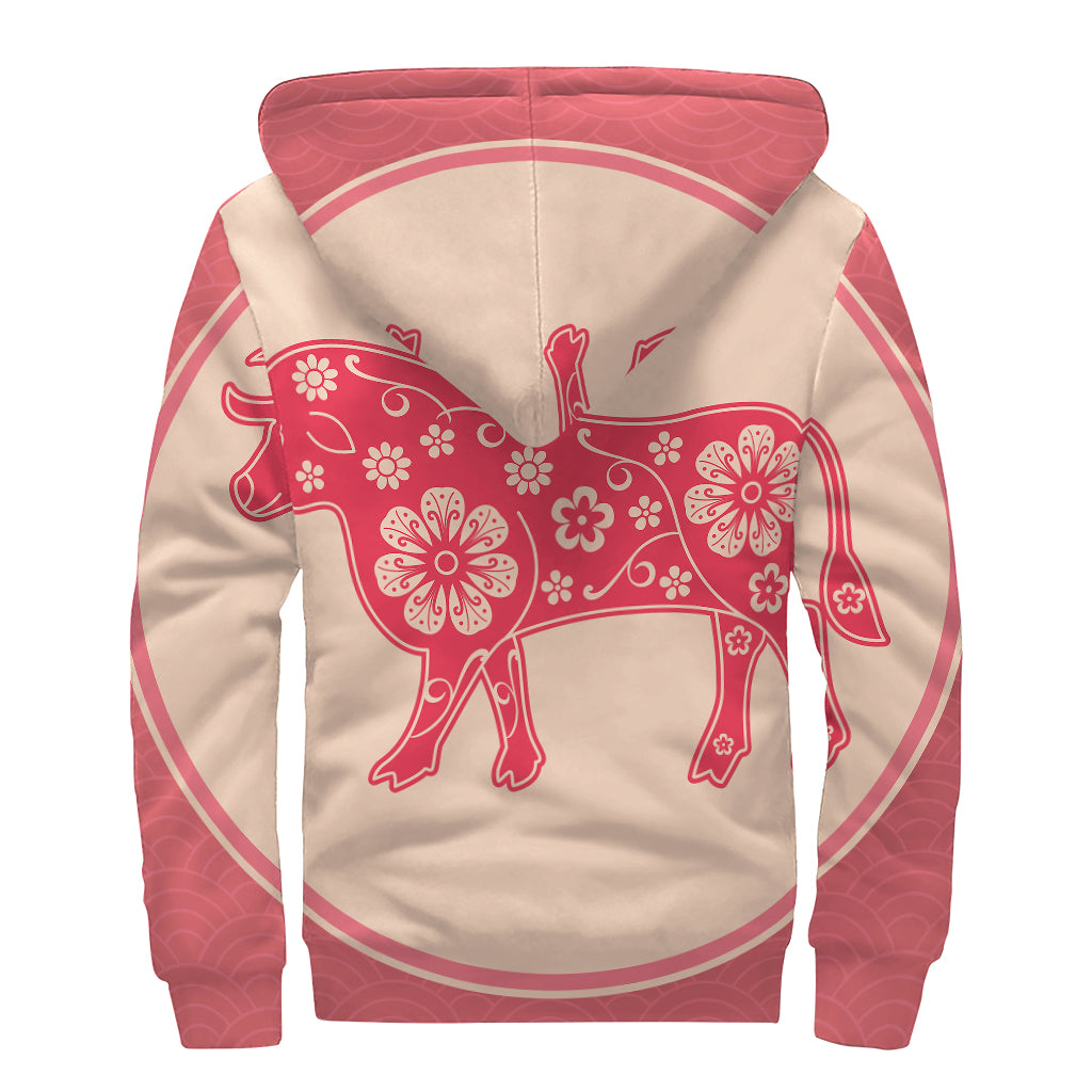 Chinese Flower Ox Zodiac Print Sherpa Lined Zip Up Hoodie: Embracing the Free-Spirited Hippie Style - 2