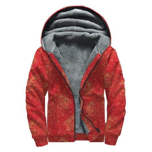 Chinese Koi Fish Sherpa Lined Zip Up Hoodie for the Free-Spirited Hippie - 1