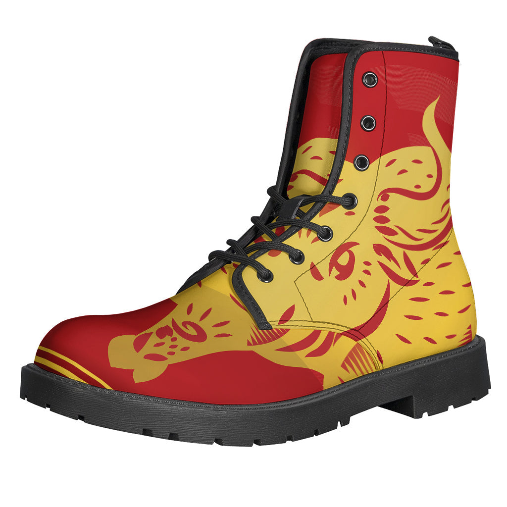 Chinese Ox Zodiac Symbol Printed Leather Lightweight Boots for the Free-Spirited Hippies - 1