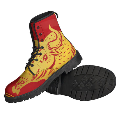 Chinese Ox Zodiac Symbol Printed Leather Lightweight Boots for the Free-Spirited Hippies - 2