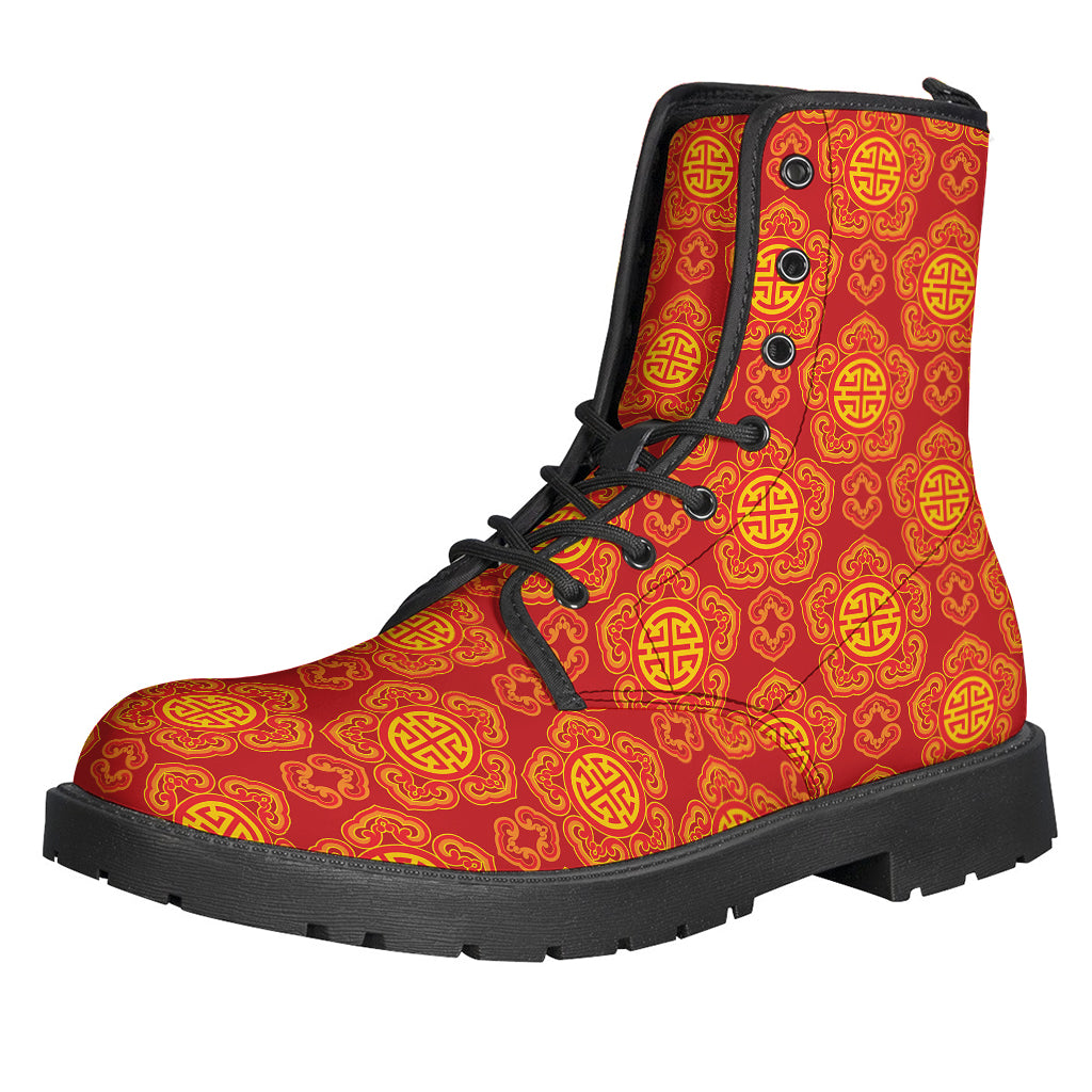 Peaceful Vibes: Chinese Prosperity Symbol Leather Boots for Hippies - 1