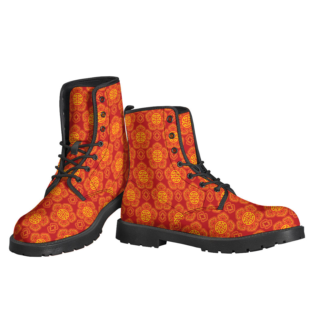 Peaceful Vibes: Chinese Prosperity Symbol Leather Boots for Hippies - 3