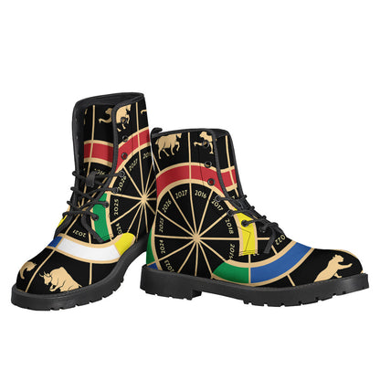 Chinese Zodiac Calendar Wheel Print Leather Boots: The Perfect Hippie Footwear Choice - 3