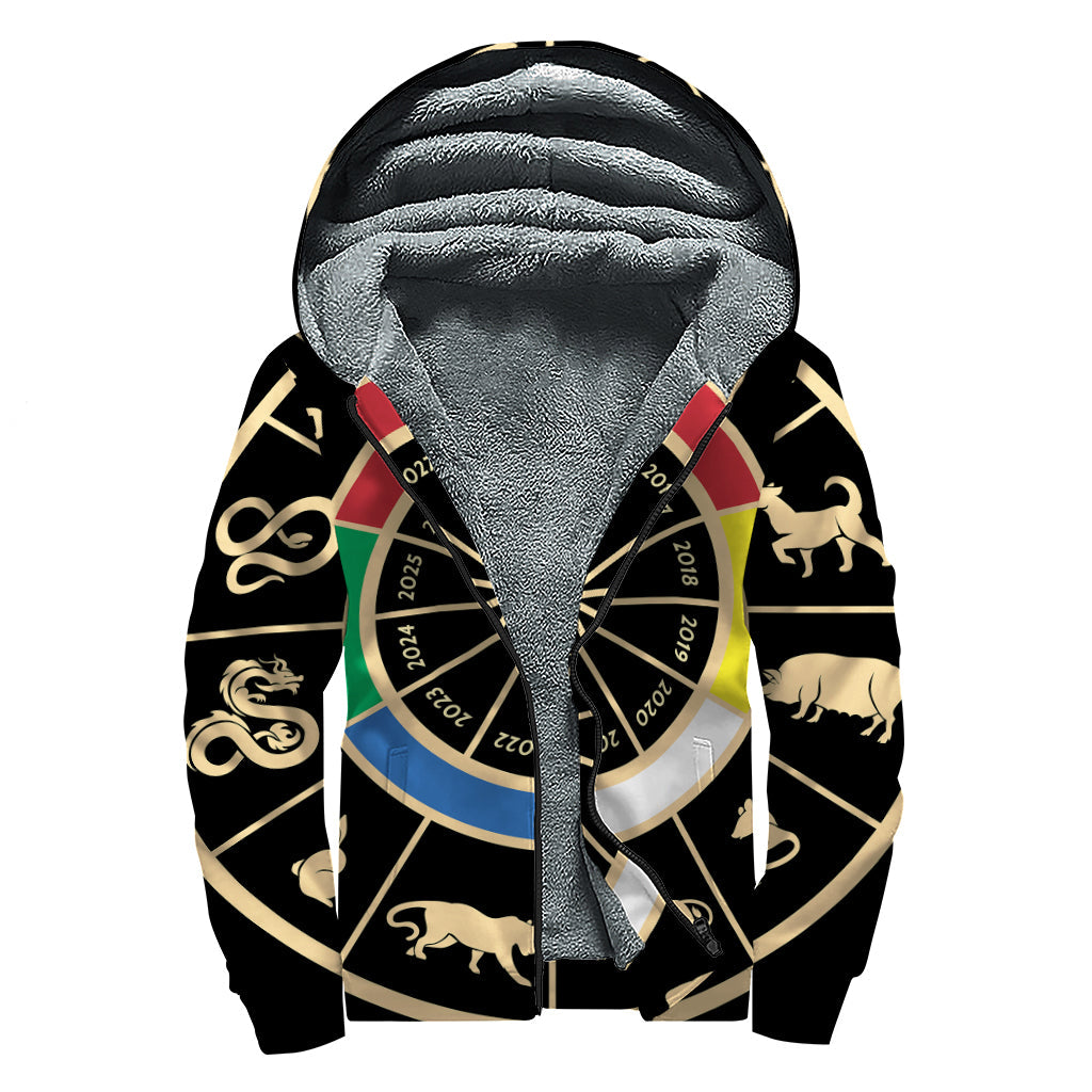 Chinese Zodiac Calendar Wheel Print Sherpa Lined Hippie Zip Up Hoodie - 1