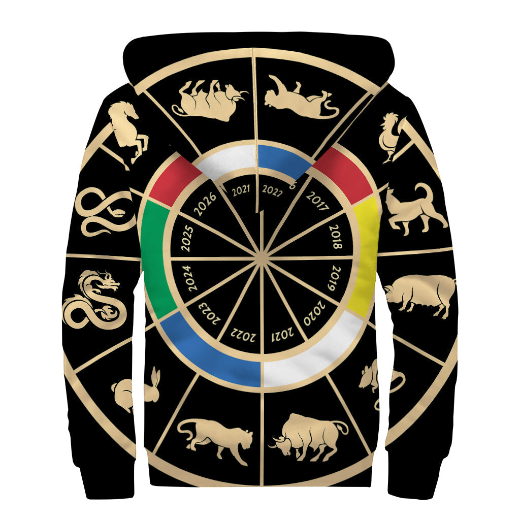 Chinese Zodiac Calendar Wheel Print Sherpa Lined Hippie Zip Up Hoodie - 2