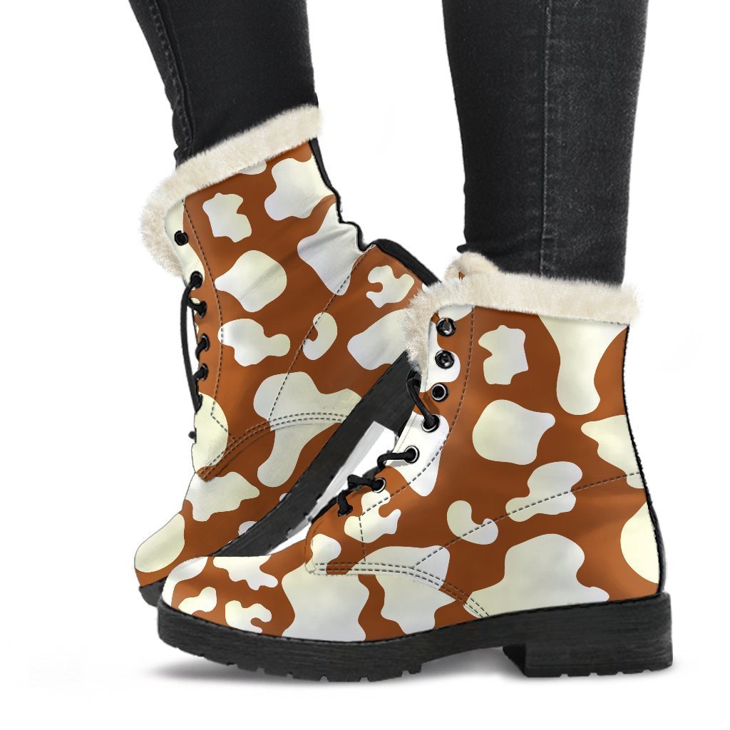 Groovy Chocolate and Milk Cow Print Faux Fur Leather Boots for the Hippie Soul - 1