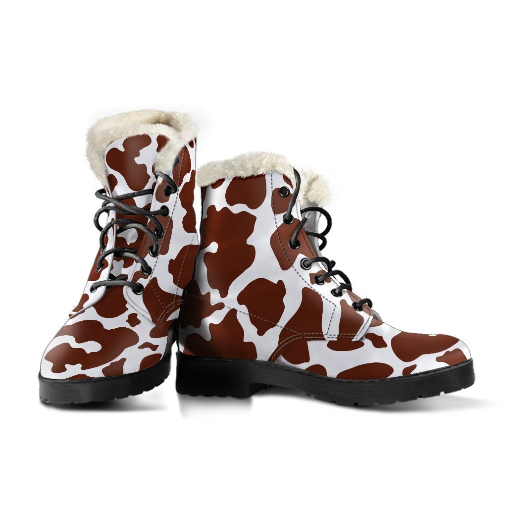 Chocolate Brown and White Cow Print Faux Fur Leather Boots: Groovy Hippie Style - 3