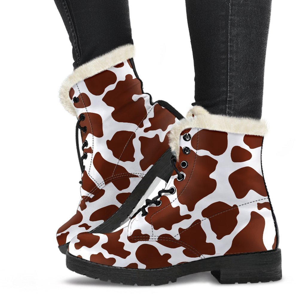 Chocolate Brown and White Cow Print Faux Fur Leather Boots: Groovy Hippie Style - 1