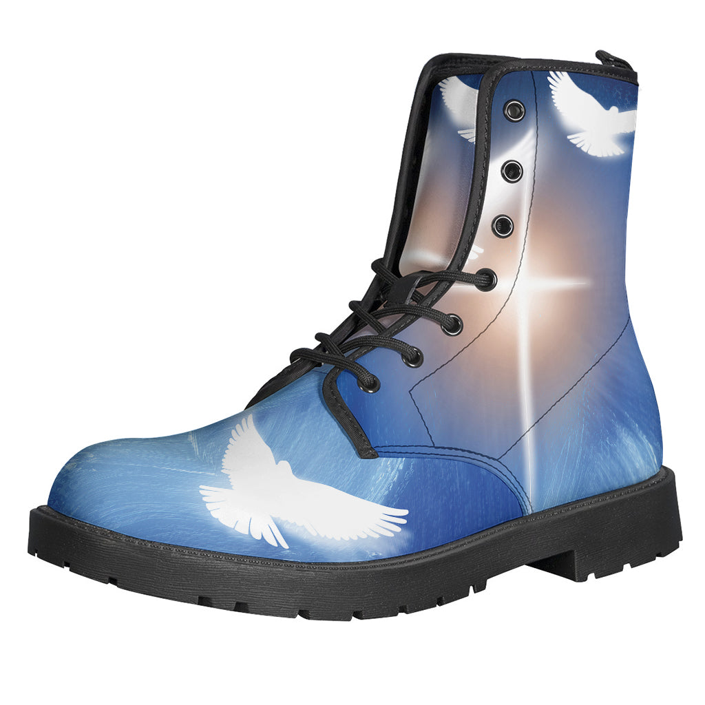 Devotion Boot Boho Chic: Christian Cross and White Doves Leather Lightweight Boots ...