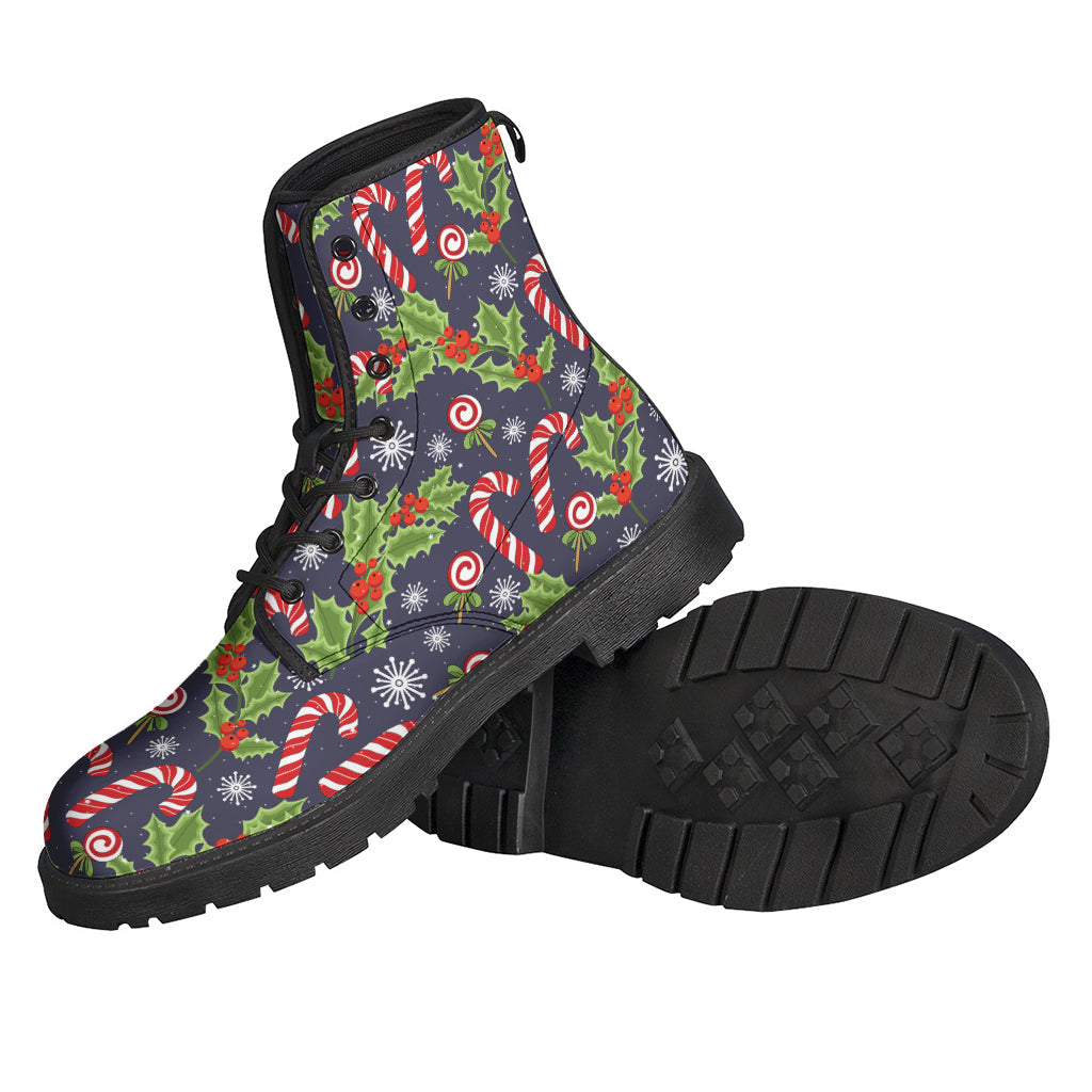 Groovy Christmas Berry and Candy Pattern Leather Boots for the Modern Hippie - 2