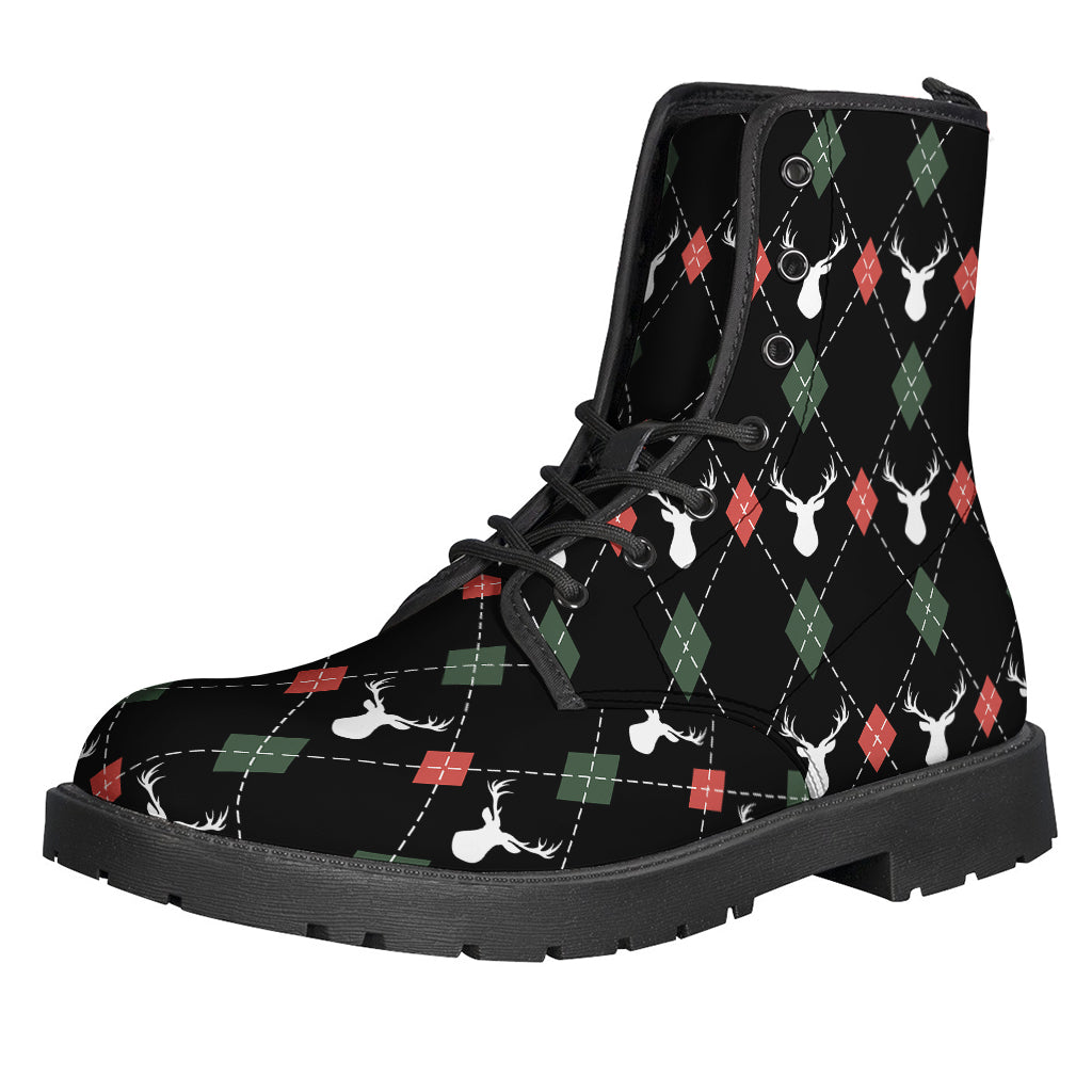 Step Into the Groove: Christmas Deer Argyle Pattern Leather Boots for Trendy Hippies - 1