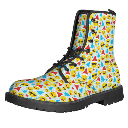 Groovy Christmas Emoji Pattern Leather Boots for the Modern Hippie - 1