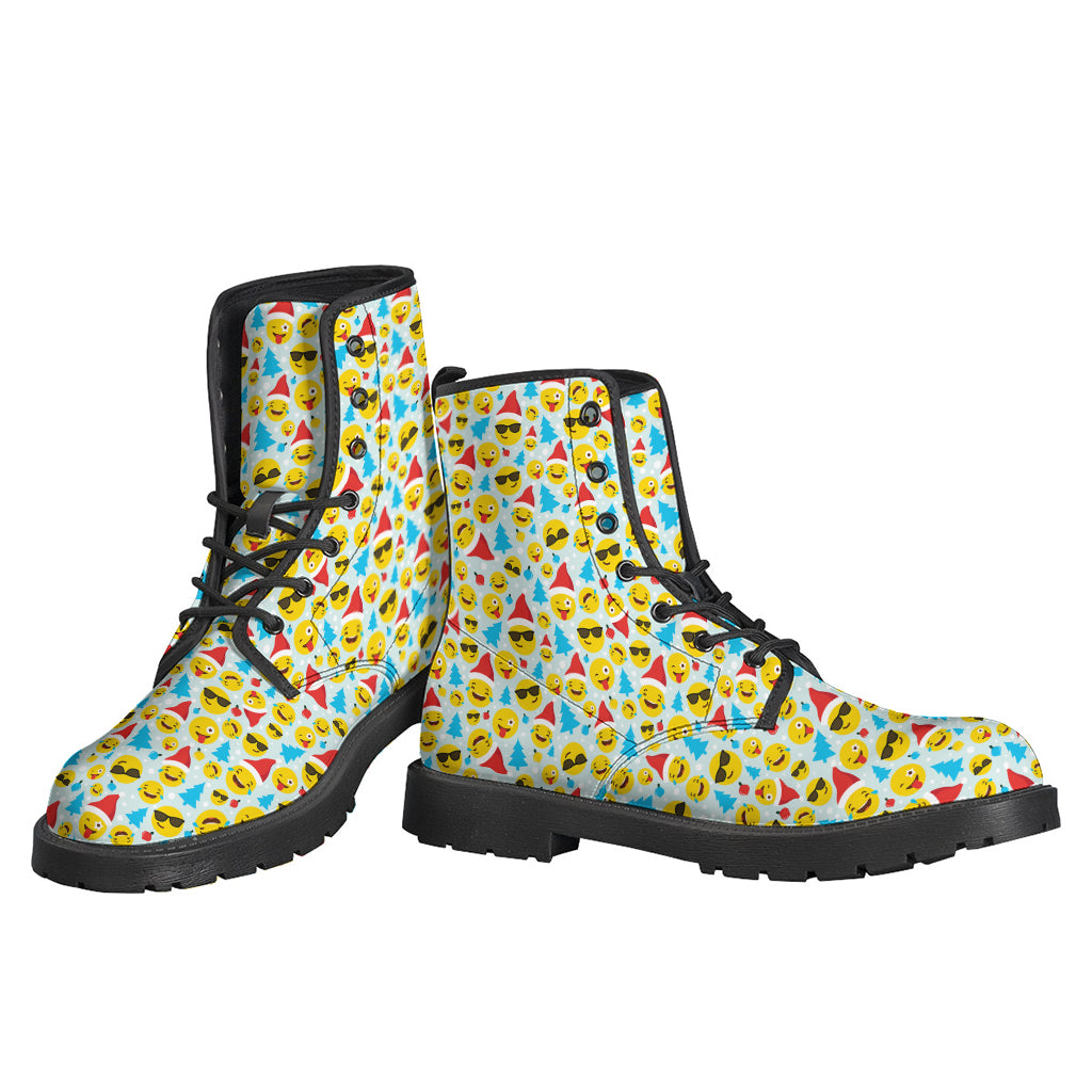 Groovy Christmas Emoji Pattern Leather Boots for the Modern Hippie - 3